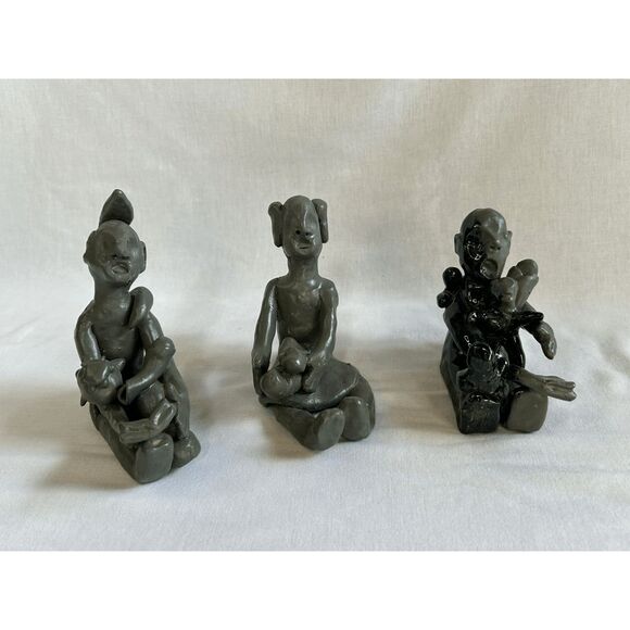 Unique Tribal Clay Statues Set of Three, Small, Signed, Unknown Signature - Picture 1 of 11